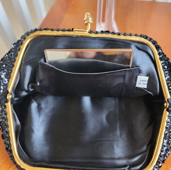 Vintage Black Beaded Clutch with Floral Design Handmade, Hong Kong, With Mirror - Picture 8 of 8